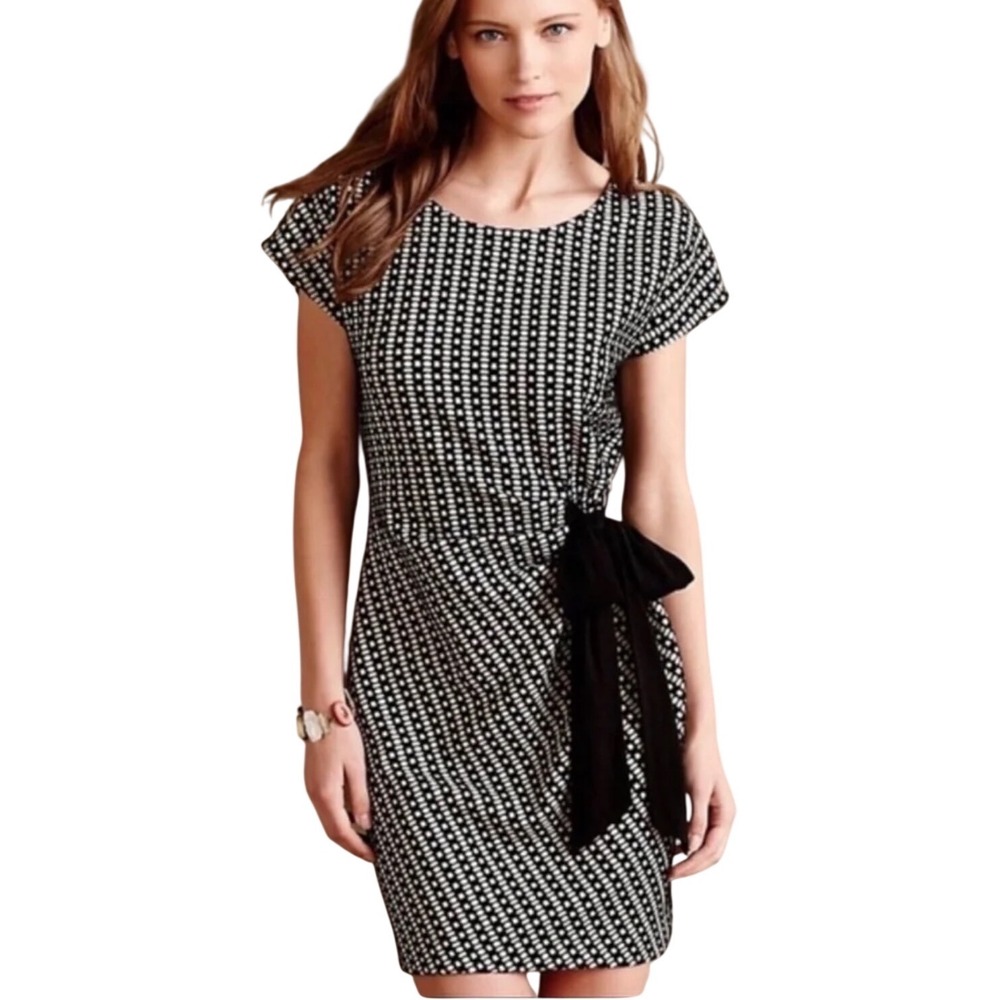 Anthropologie Saturday Sunday Isabel Dress M Black Ivory Geometric Ruched Tie